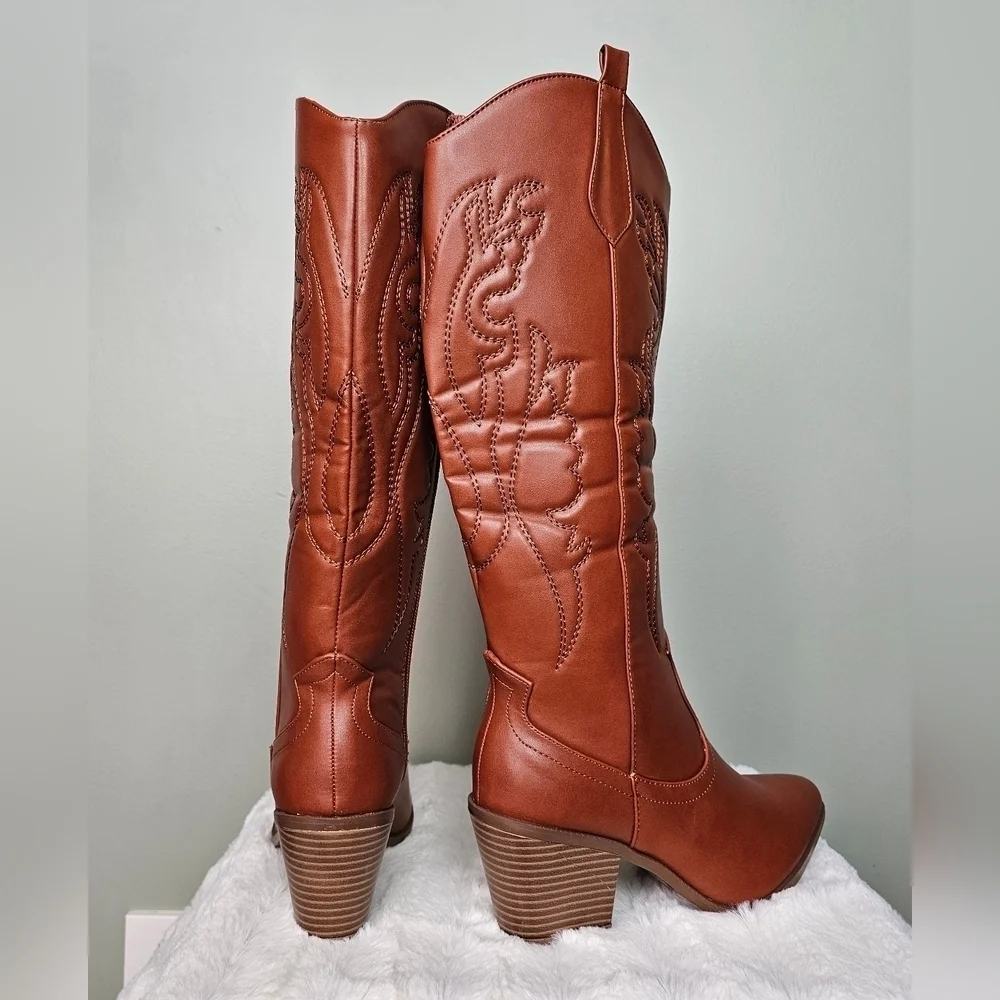 Embroidered Vegan Leather TAN Western Cowgirl Cowboy Boots Zip-up Pointed Toe - Picture 8 of 14